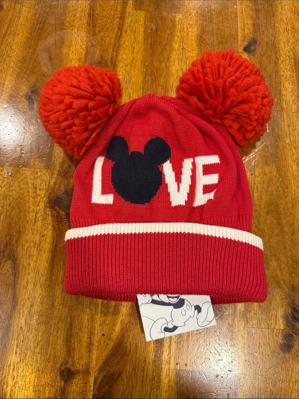 Gap x Disney Red Beanie Hat with Black Mickey & White Accent Pom Pom Ears